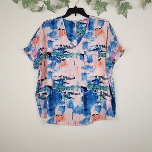 Jodifl Size S Oversized V Neck Short Sleeve Pink Blue Artsy Abstract Top Blouse